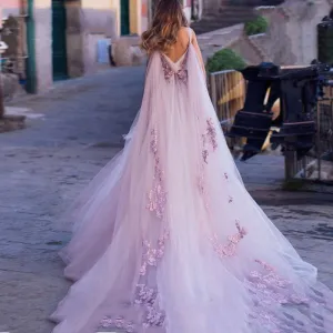 LANFUBEISI Boho Wedding Dress 3D Flowers Light Purple Beach Bride Dresses Backless Puff Tulle Wedding Gowns Long Train Floor Length