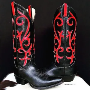 LARRY MAHAN Vintage Black Red Tall Cowgirl Cowboy Western Boots