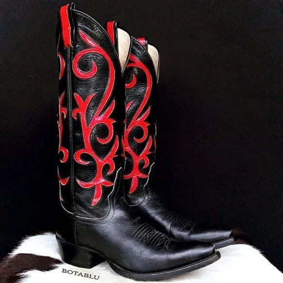 LARRY MAHAN Vintage Black Red Tall Cowgirl Cowboy Western Boots