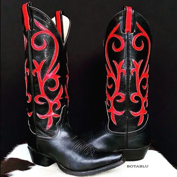 LARRY MAHAN Vintage Black Red Tall Cowgirl Cowboy Western Boots