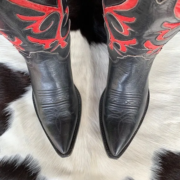 LARRY MAHAN Vintage Black Red Tall Cowgirl Cowboy Western Boots