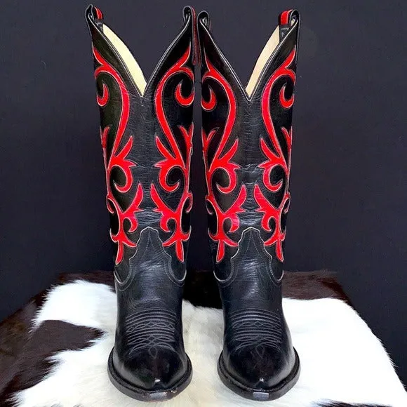 LARRY MAHAN Vintage Black Red Tall Cowgirl Cowboy Western Boots