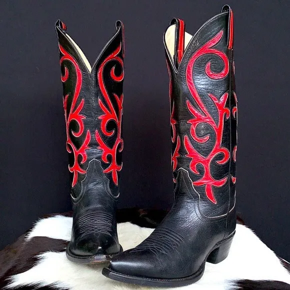 LARRY MAHAN Vintage Black Red Tall Cowgirl Cowboy Western Boots