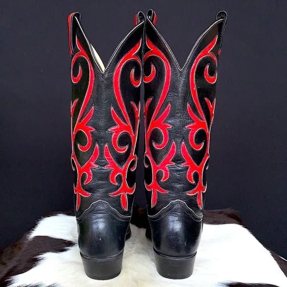 LARRY MAHAN Vintage Black Red Tall Cowgirl Cowboy Western Boots