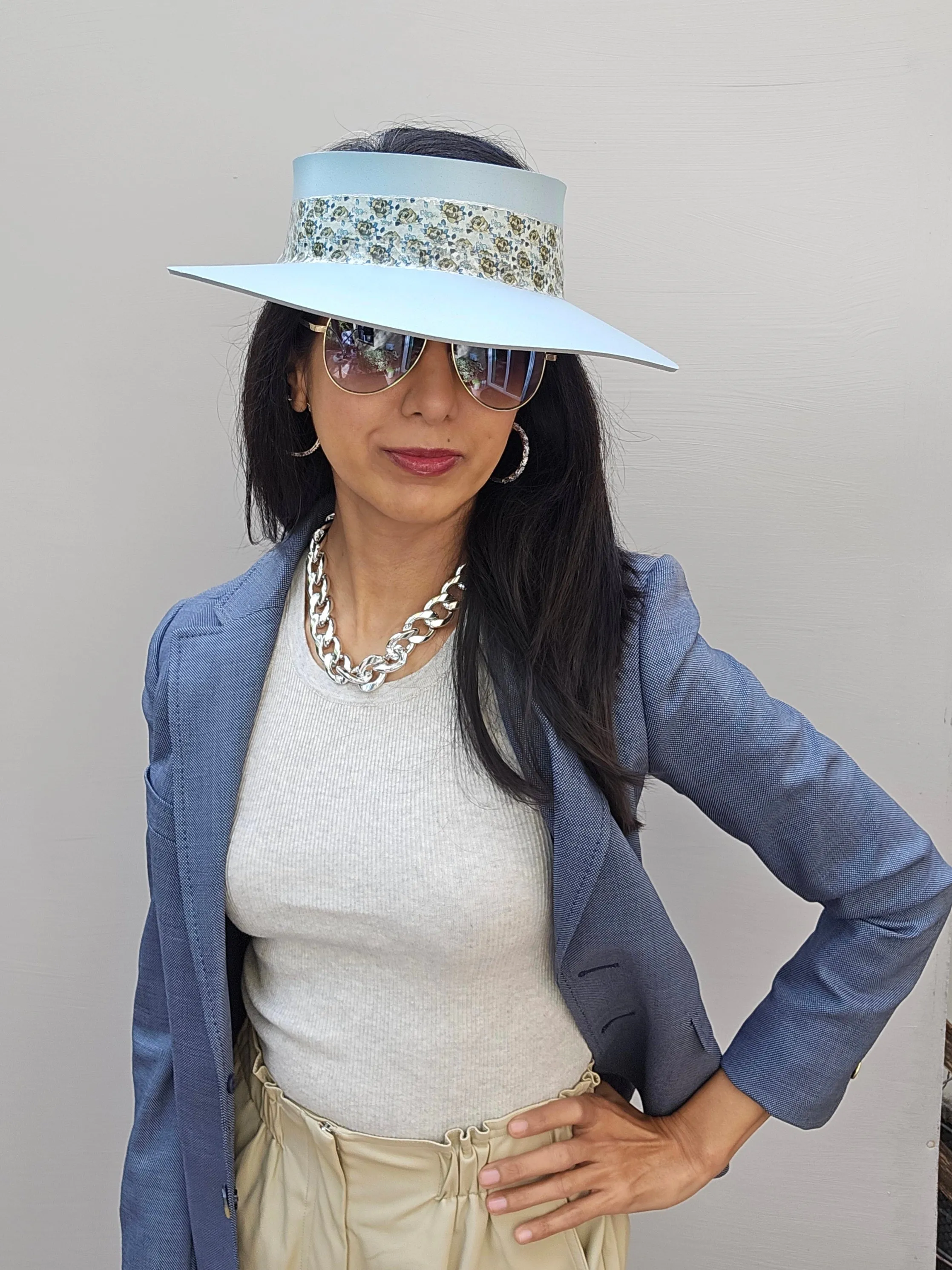 Light Blue "LadyEVA" Visor Hat with Elegant Floral Band