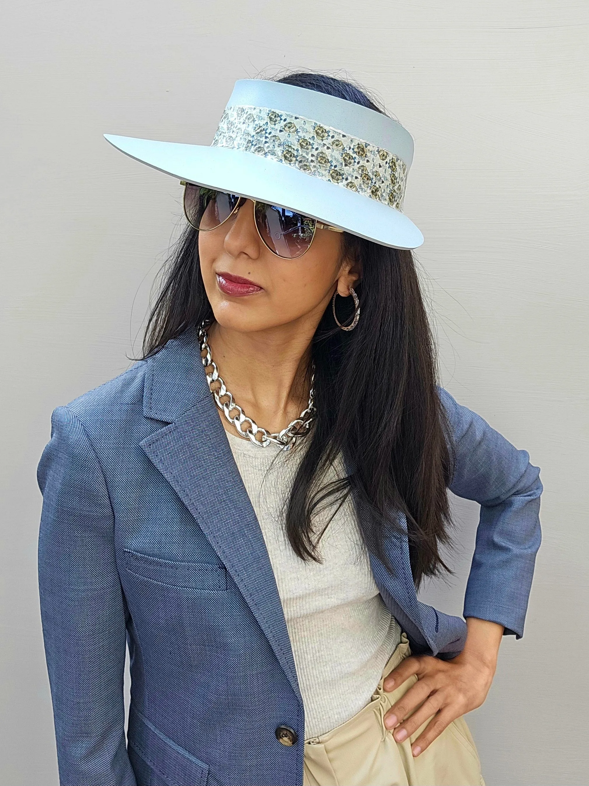 Light Blue "LadyEVA" Visor Hat with Elegant Floral Band