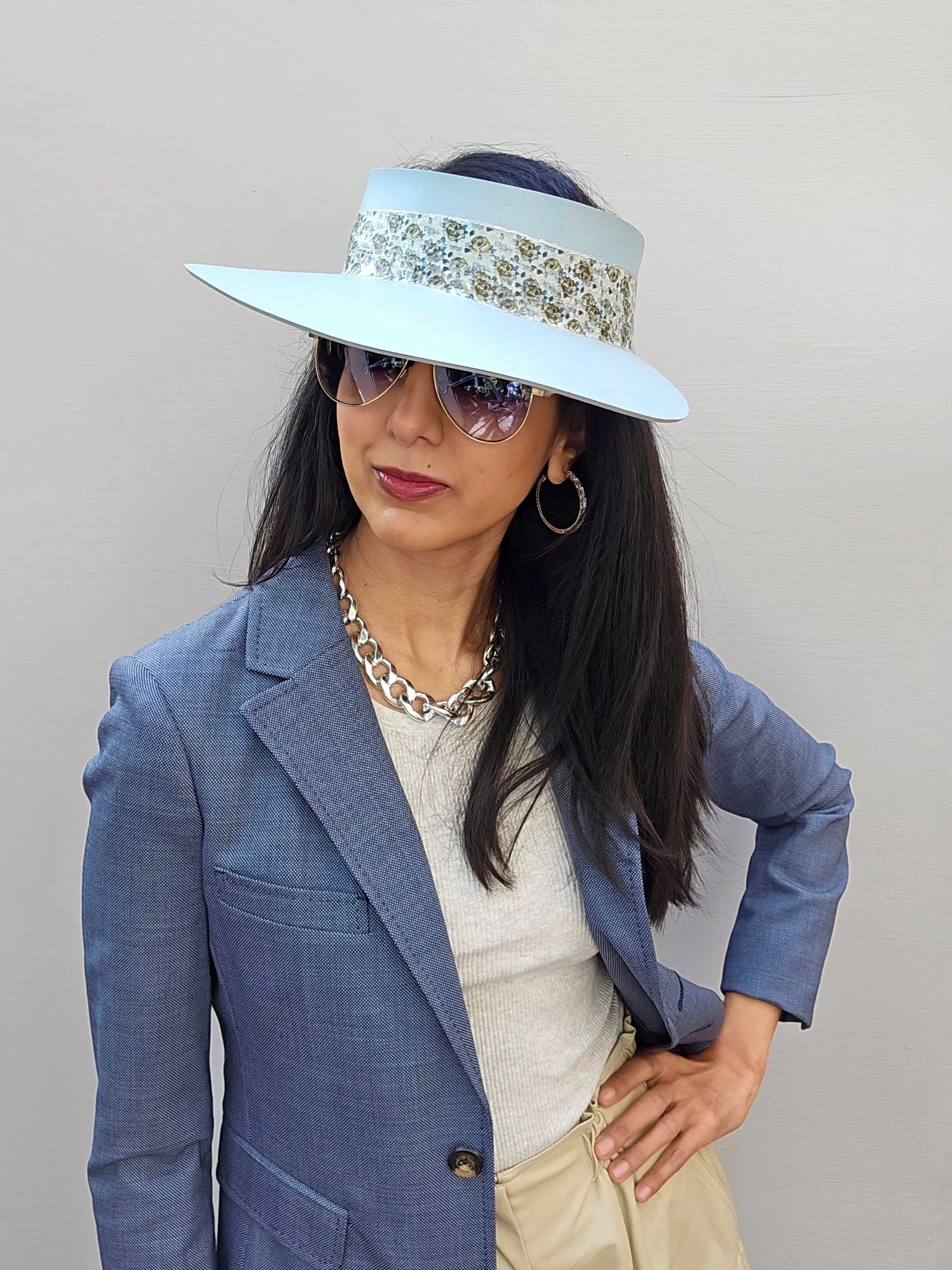 Light Blue "LadyEVA" Visor Hat with Elegant Floral Band