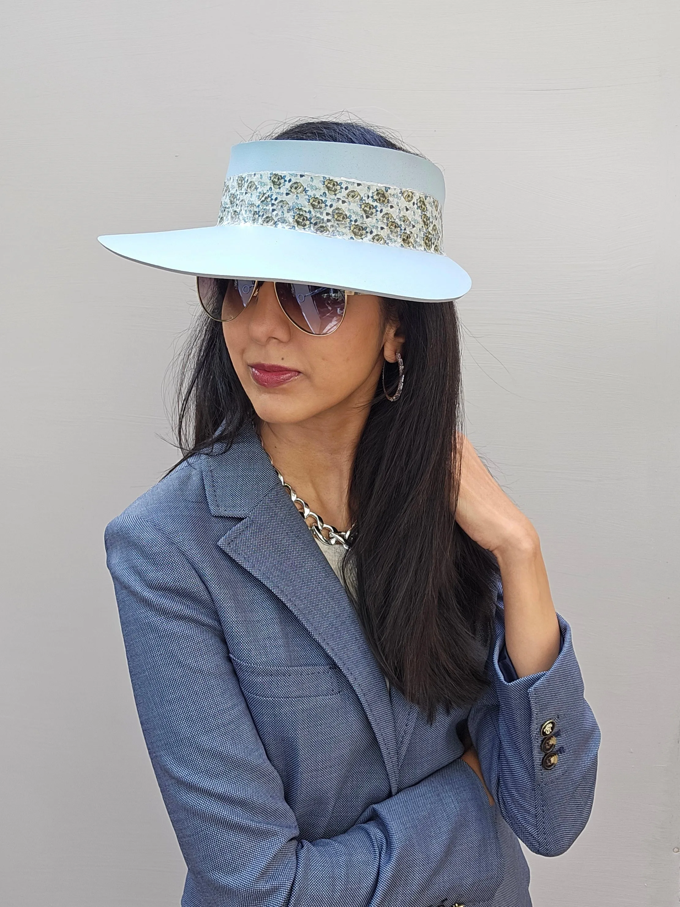 Light Blue "LadyEVA" Visor Hat with Elegant Floral Band