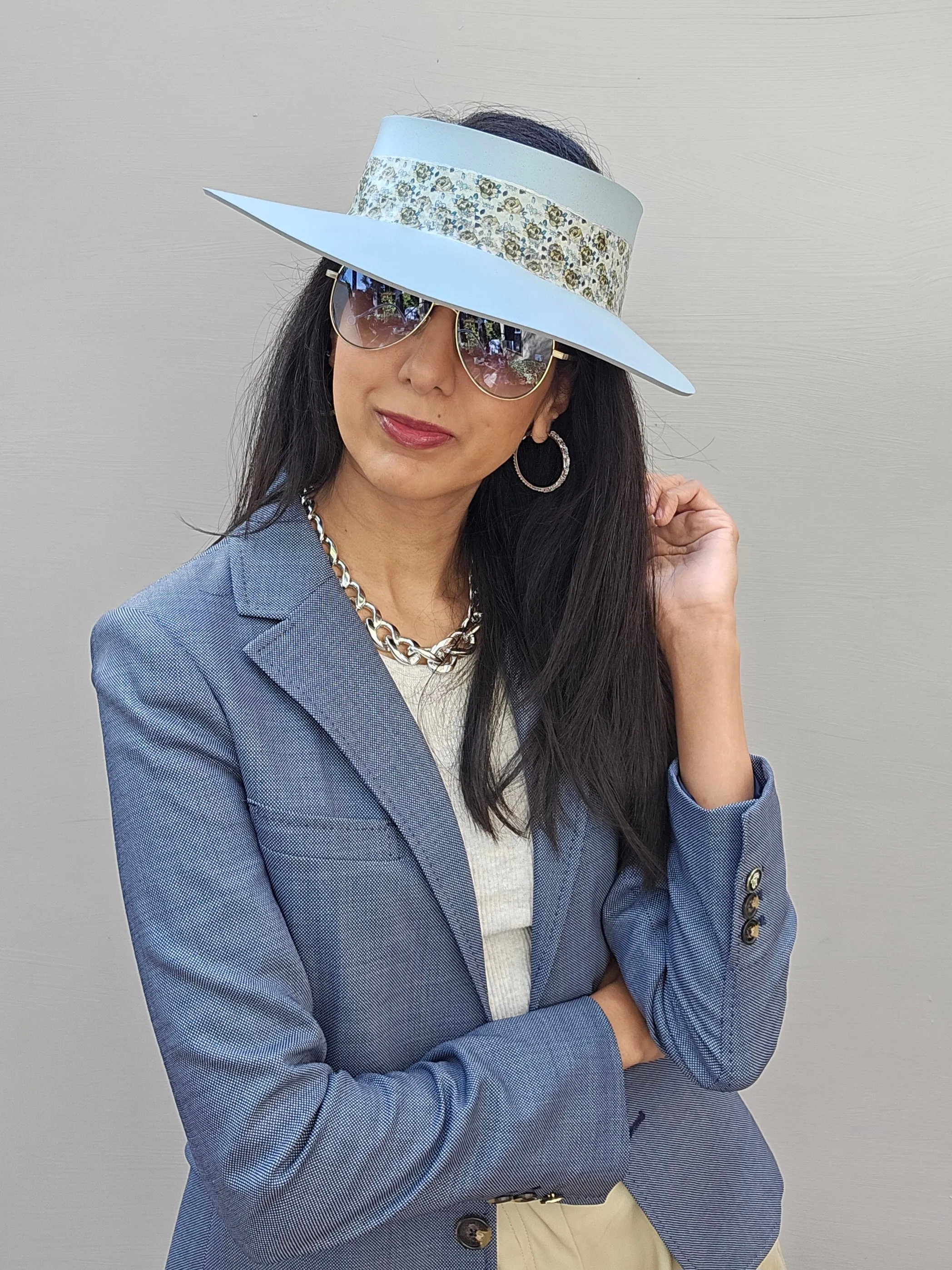 Light Blue "LadyEVA" Visor Hat with Elegant Floral Band