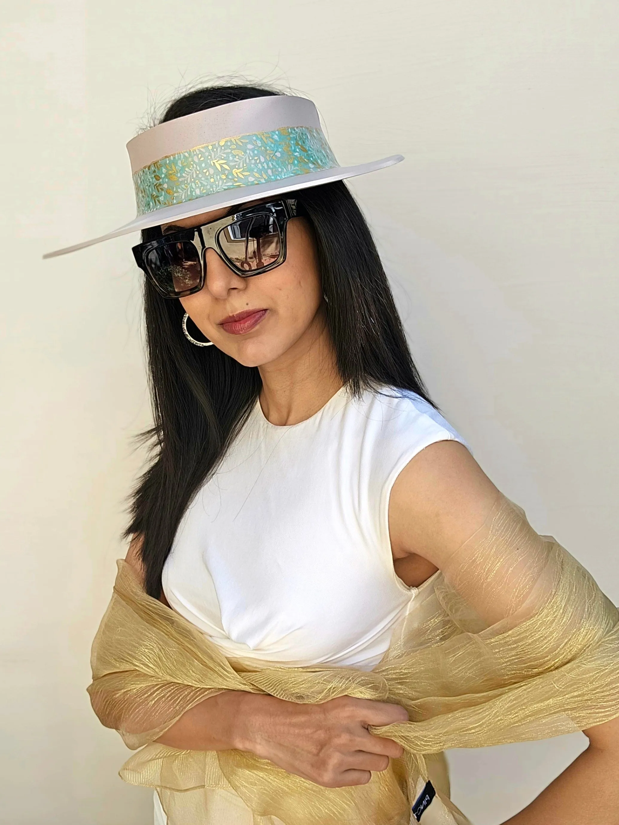 Light Pink "LadyEVA" Visor Hat with Seafoam Green and Gold Band