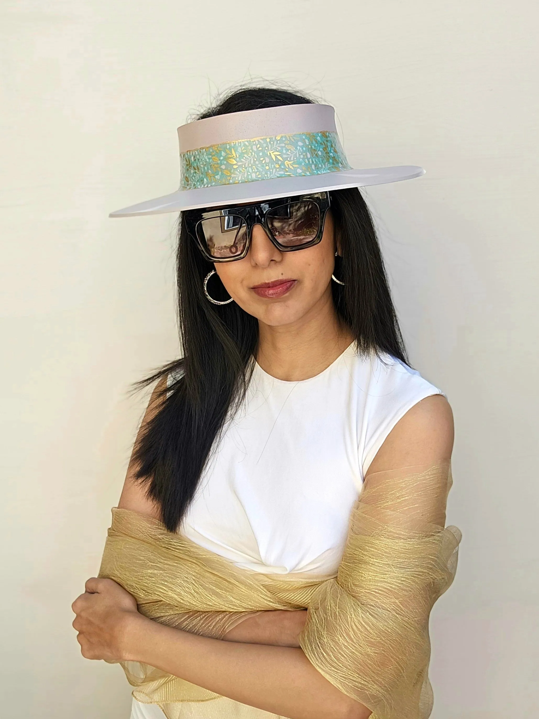 Light Pink "LadyEVA" Visor Hat with Seafoam Green and Gold Band