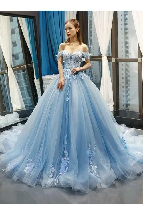 Light Sky Blue Off the Shoulder Ball Gown Tulle Prom Dress with Applique