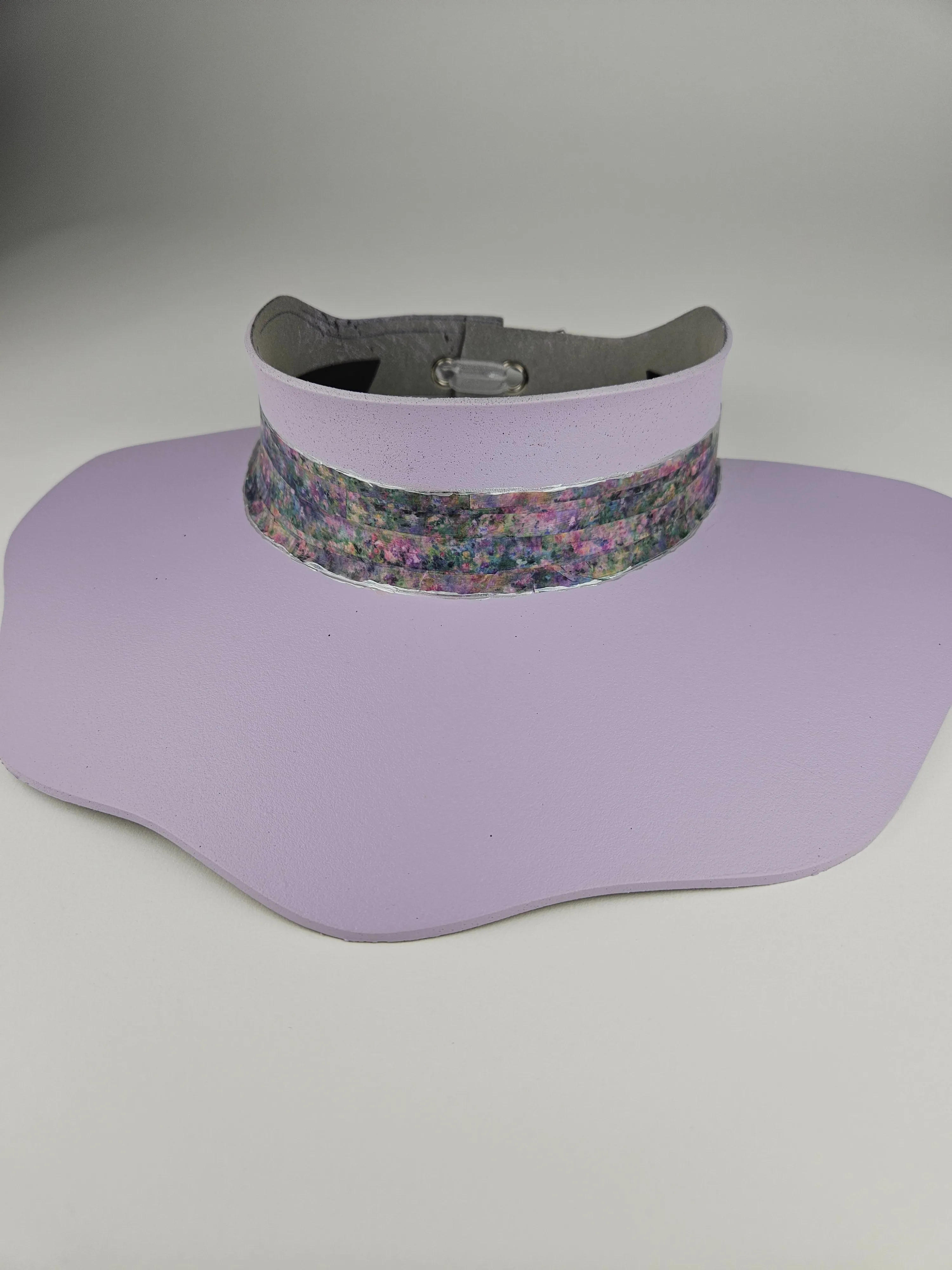 Lilac Purple Lotus Visor Hat with Monet Style Floral Band and Silver Paint Splatter Effect