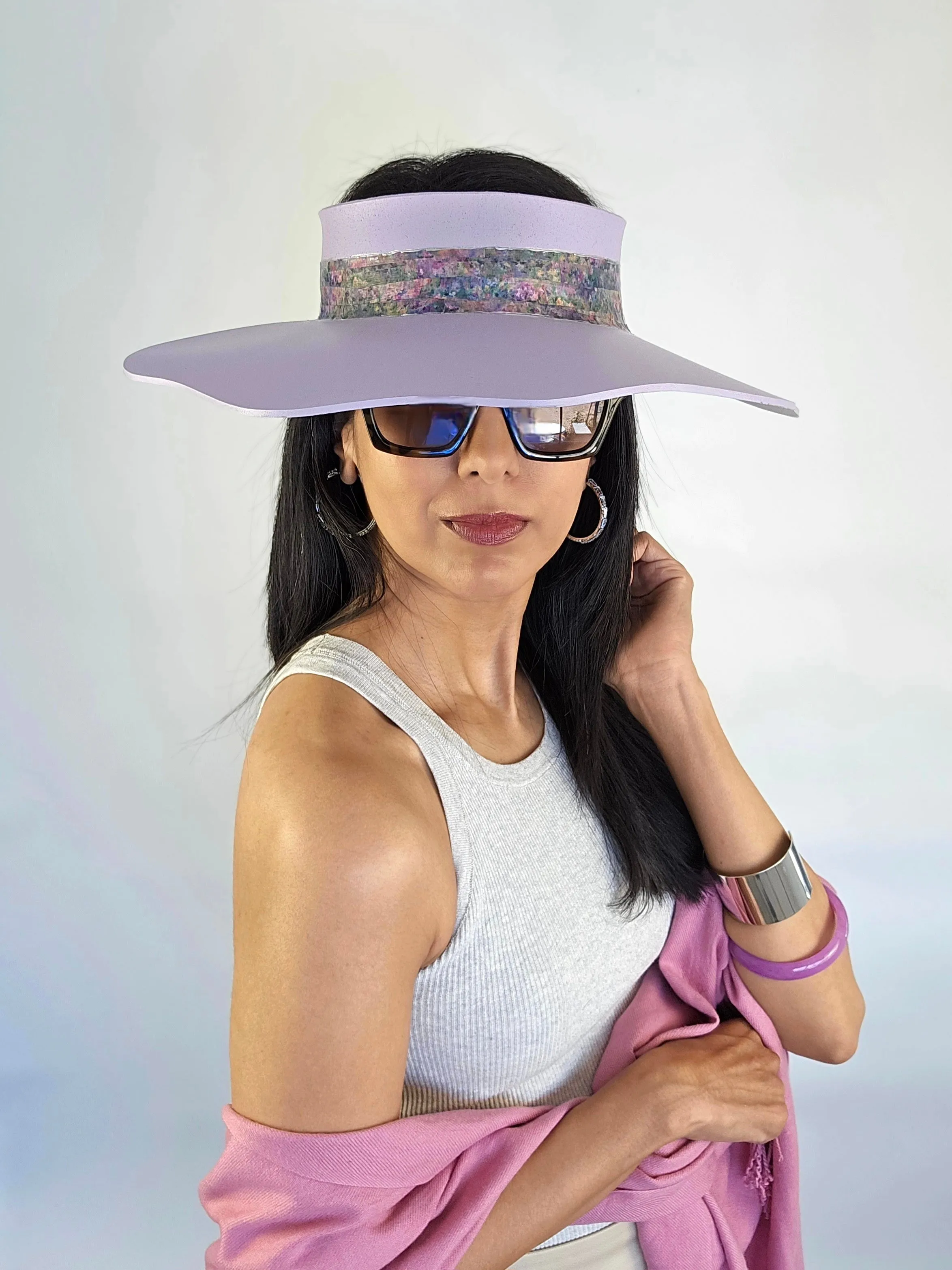 Lilac Purple Lotus Visor Hat with Monet Style Floral Band and Silver Paint Splatter Effect