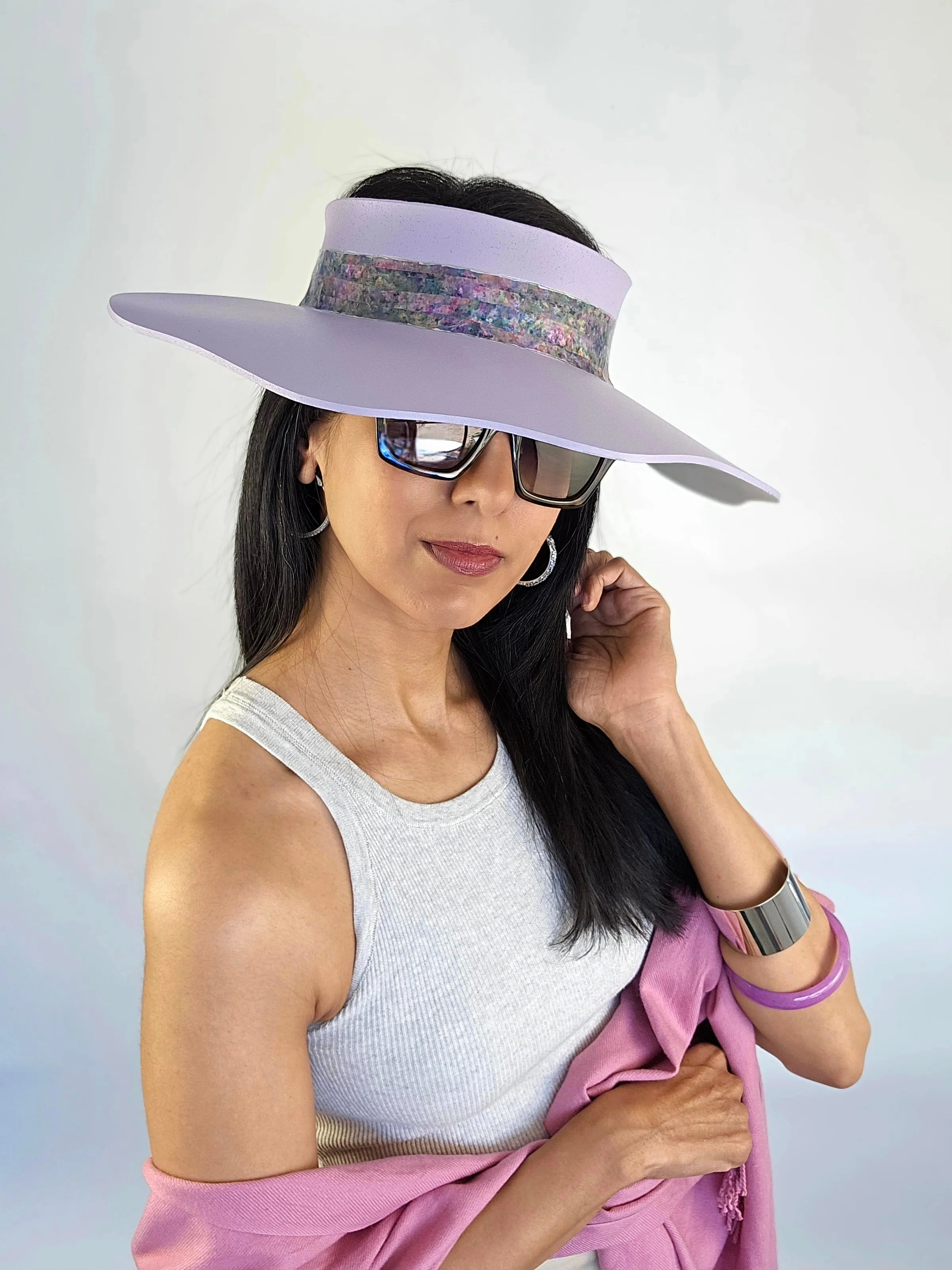 Lilac Purple Lotus Visor Hat with Monet Style Floral Band and Silver Paint Splatter Effect