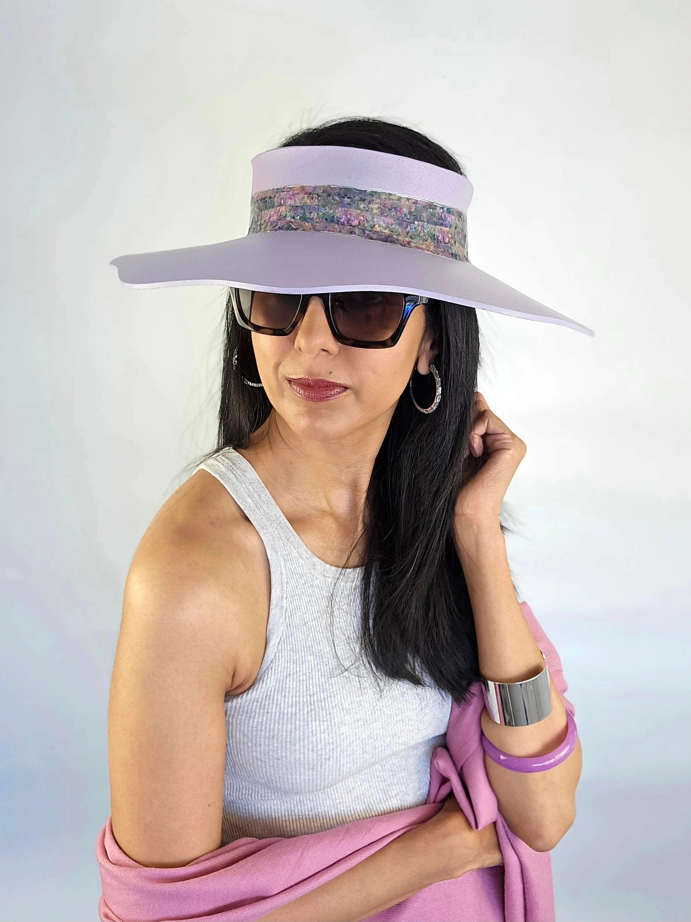 Lilac Purple Lotus Visor Hat with Monet Style Floral Band and Silver Paint Splatter Effect