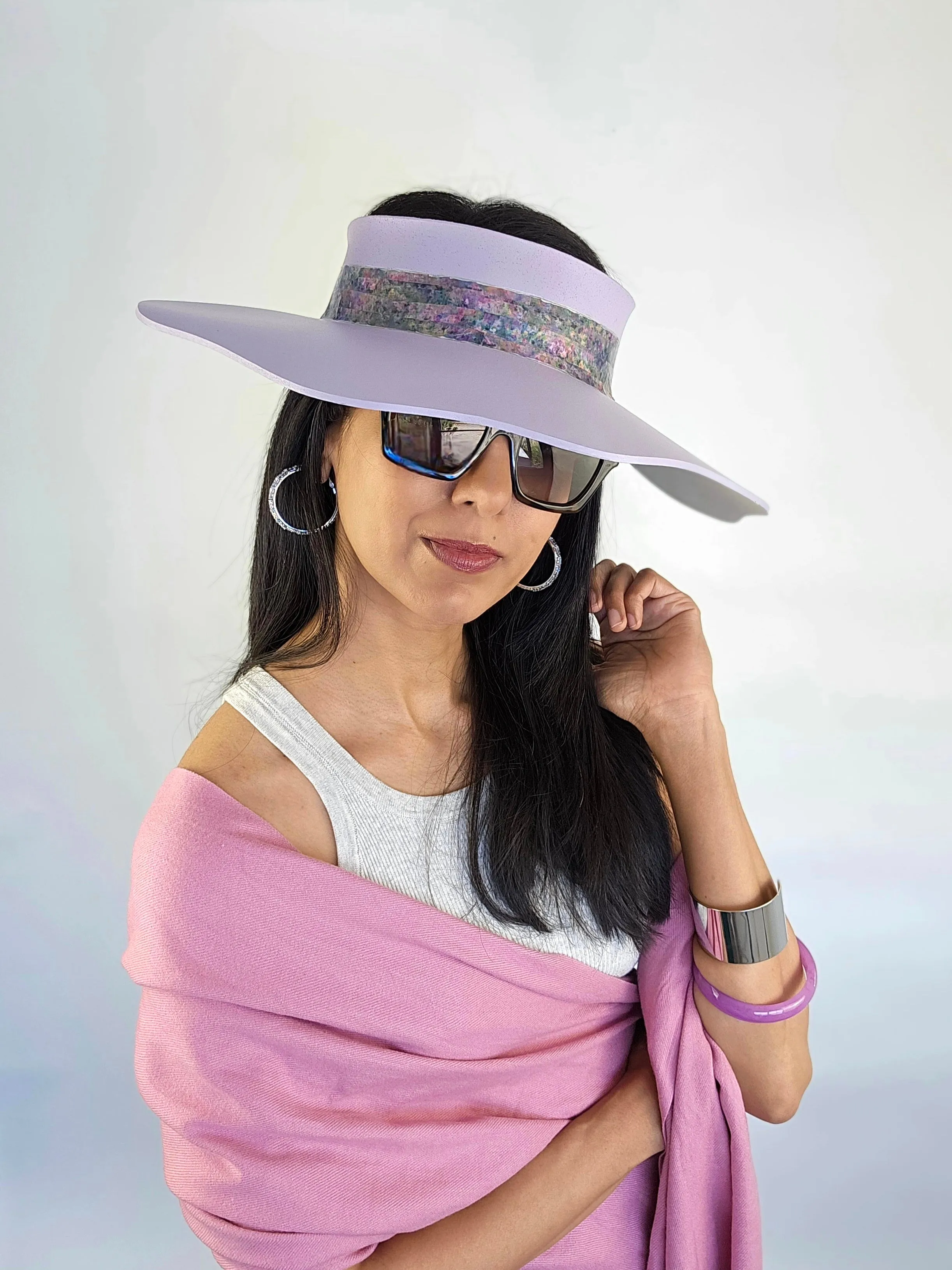 Lilac Purple Lotus Visor Hat with Monet Style Floral Band and Silver Paint Splatter Effect