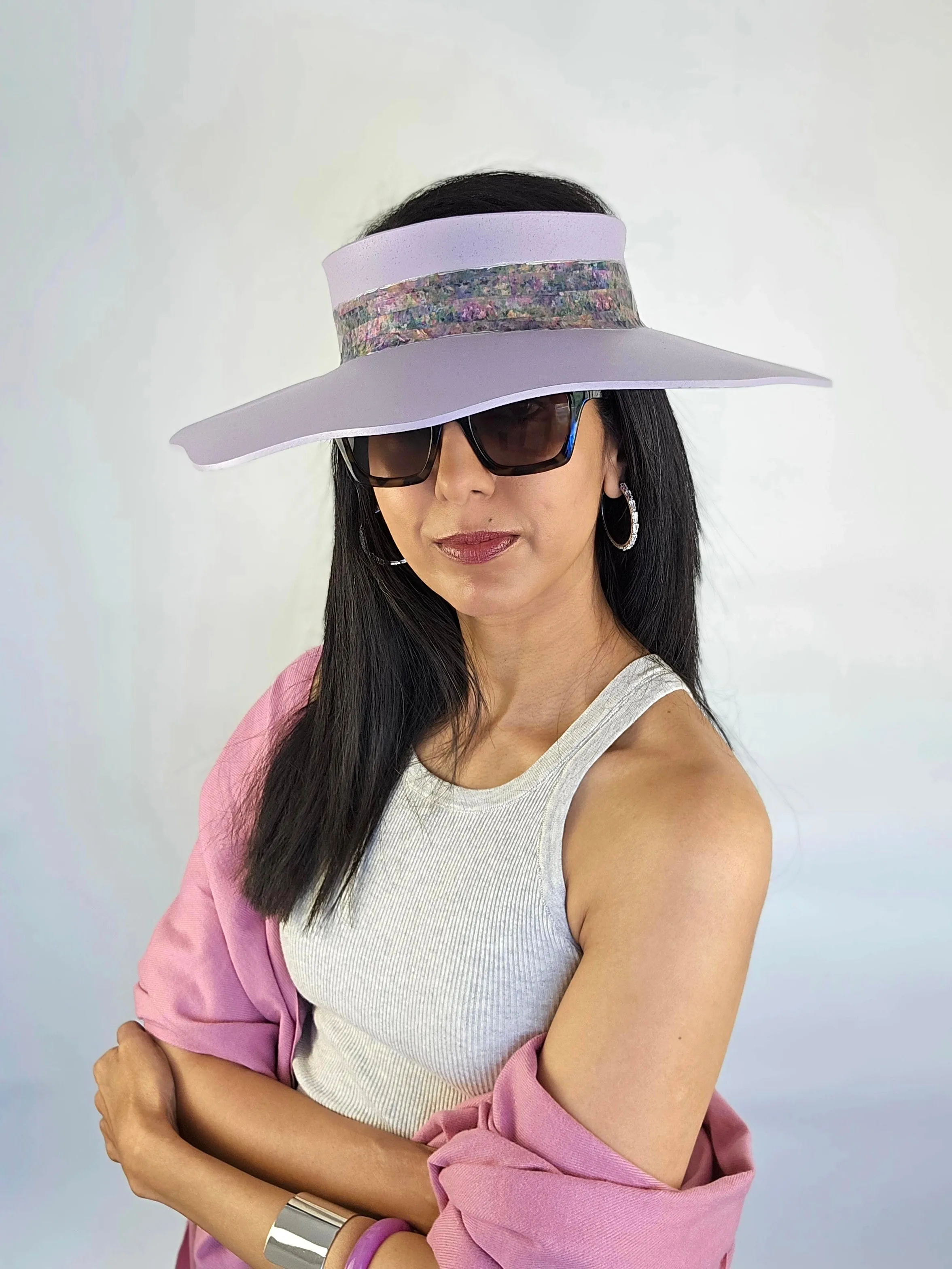 Lilac Purple Lotus Visor Hat with Monet Style Floral Band and Silver Paint Splatter Effect