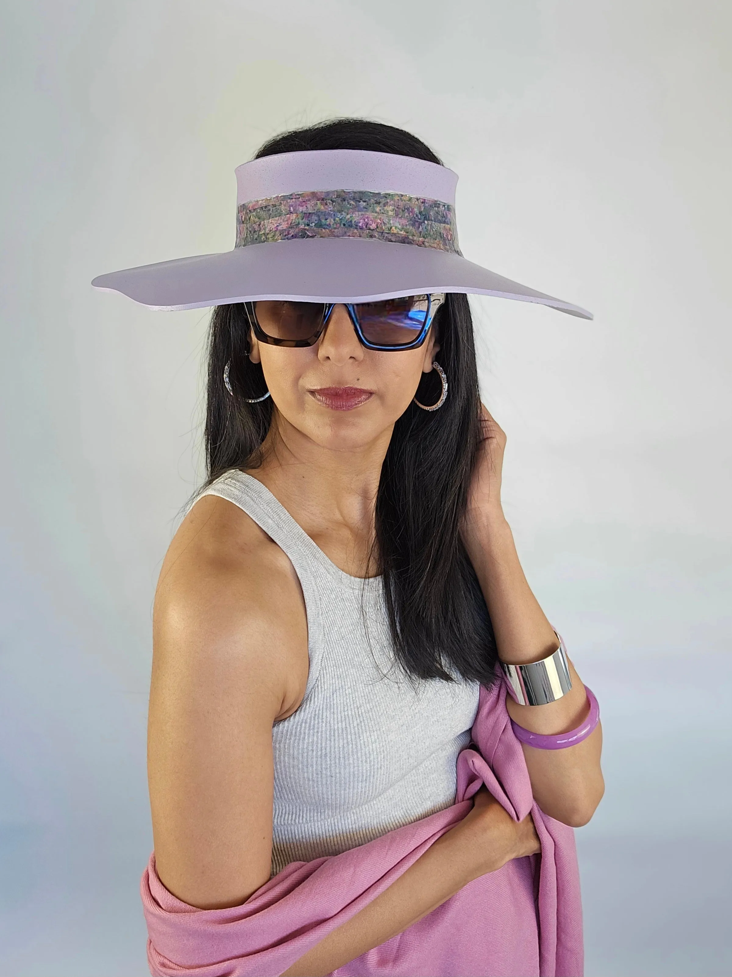 Lilac Purple Lotus Visor Hat with Monet Style Floral Band and Silver Paint Splatter Effect