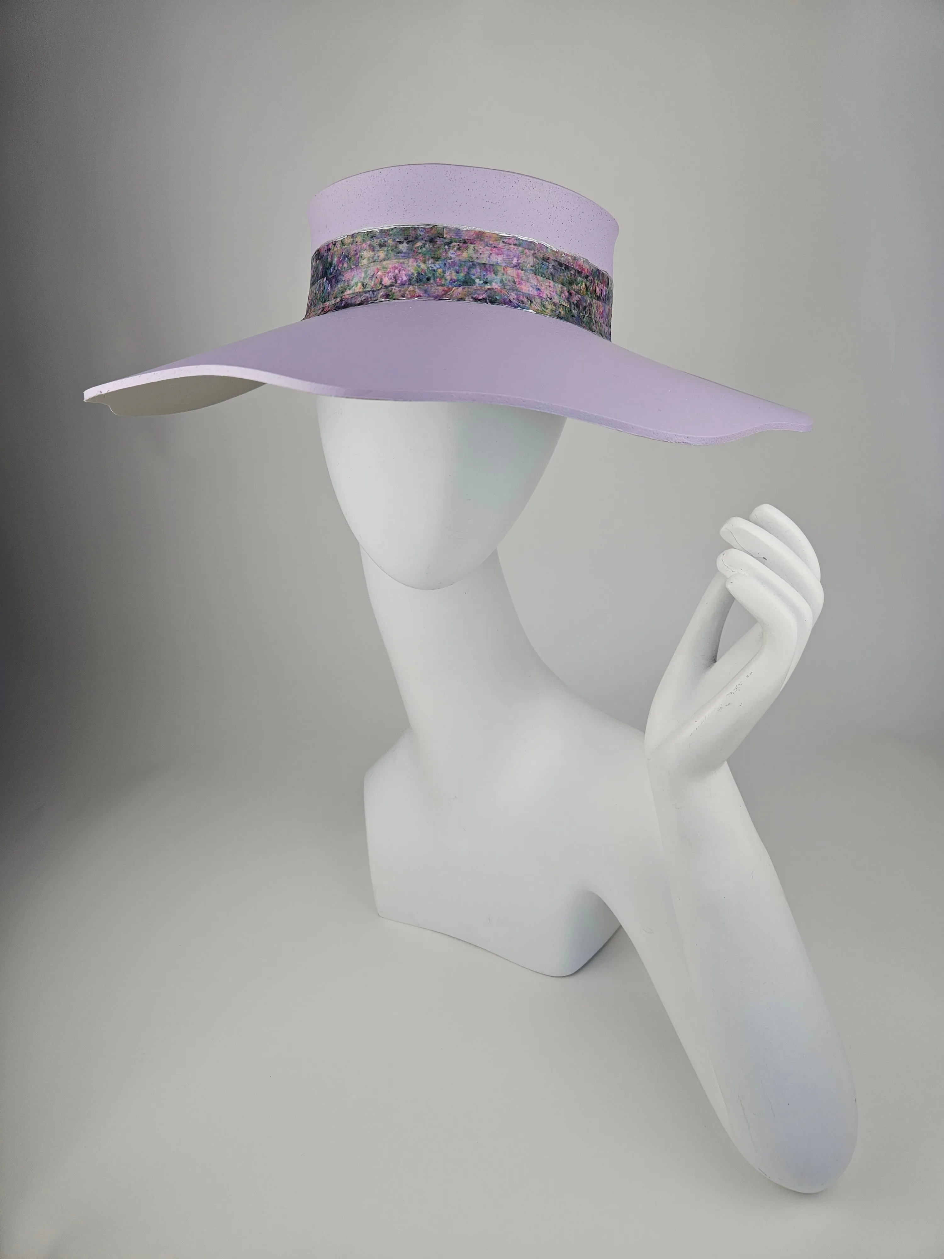 Lilac Purple Lotus Visor Hat with Monet Style Floral Band and Silver Paint Splatter Effect