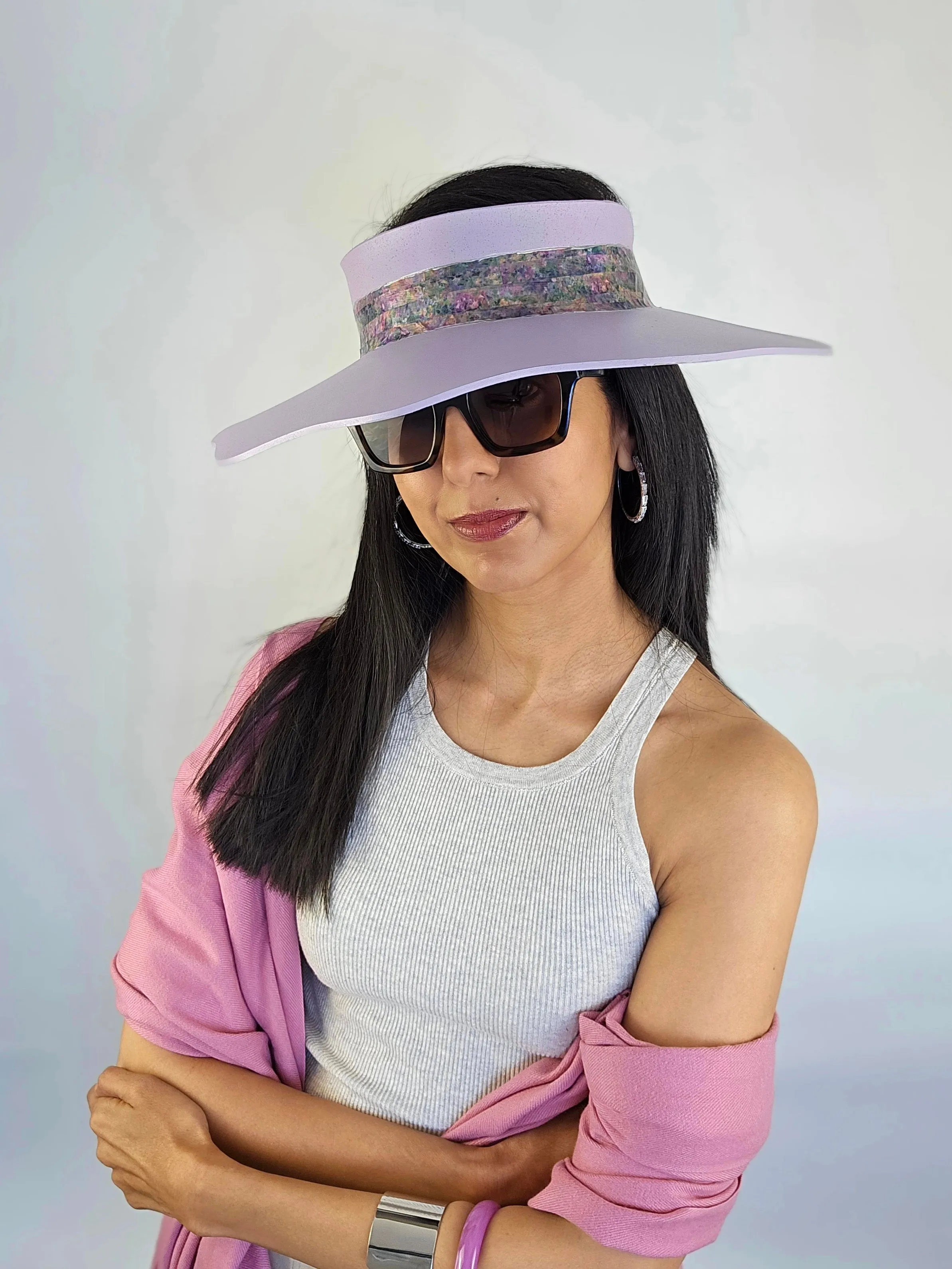 Lilac Purple Lotus Visor Hat with Monet Style Floral Band and Silver Paint Splatter Effect