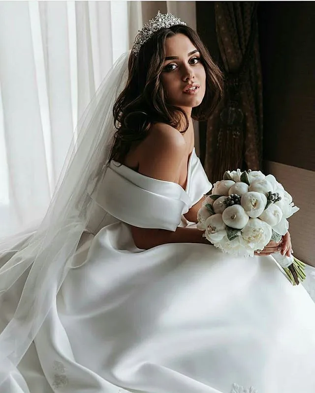 Long White Satin Wedding Dresses,Off the Shoulder Bridal Gown with Train