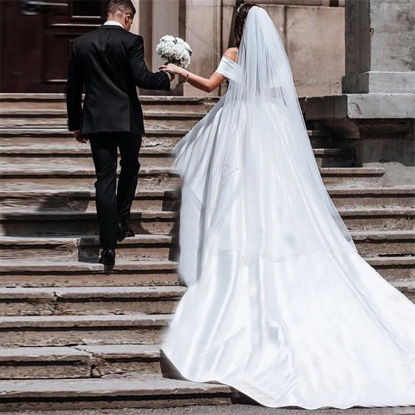 Long White Satin Wedding Dresses,Off the Shoulder Bridal Gown with Train