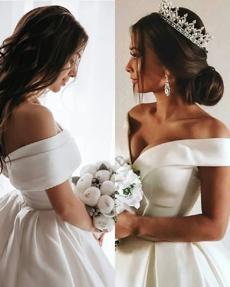 Long White Satin Wedding Dresses,Off the Shoulder Bridal Gown with Train