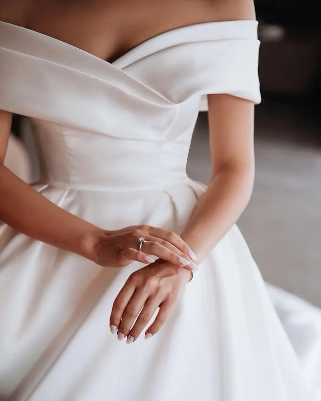 Long White Satin Wedding Dresses,Off the Shoulder Bridal Gown with Train