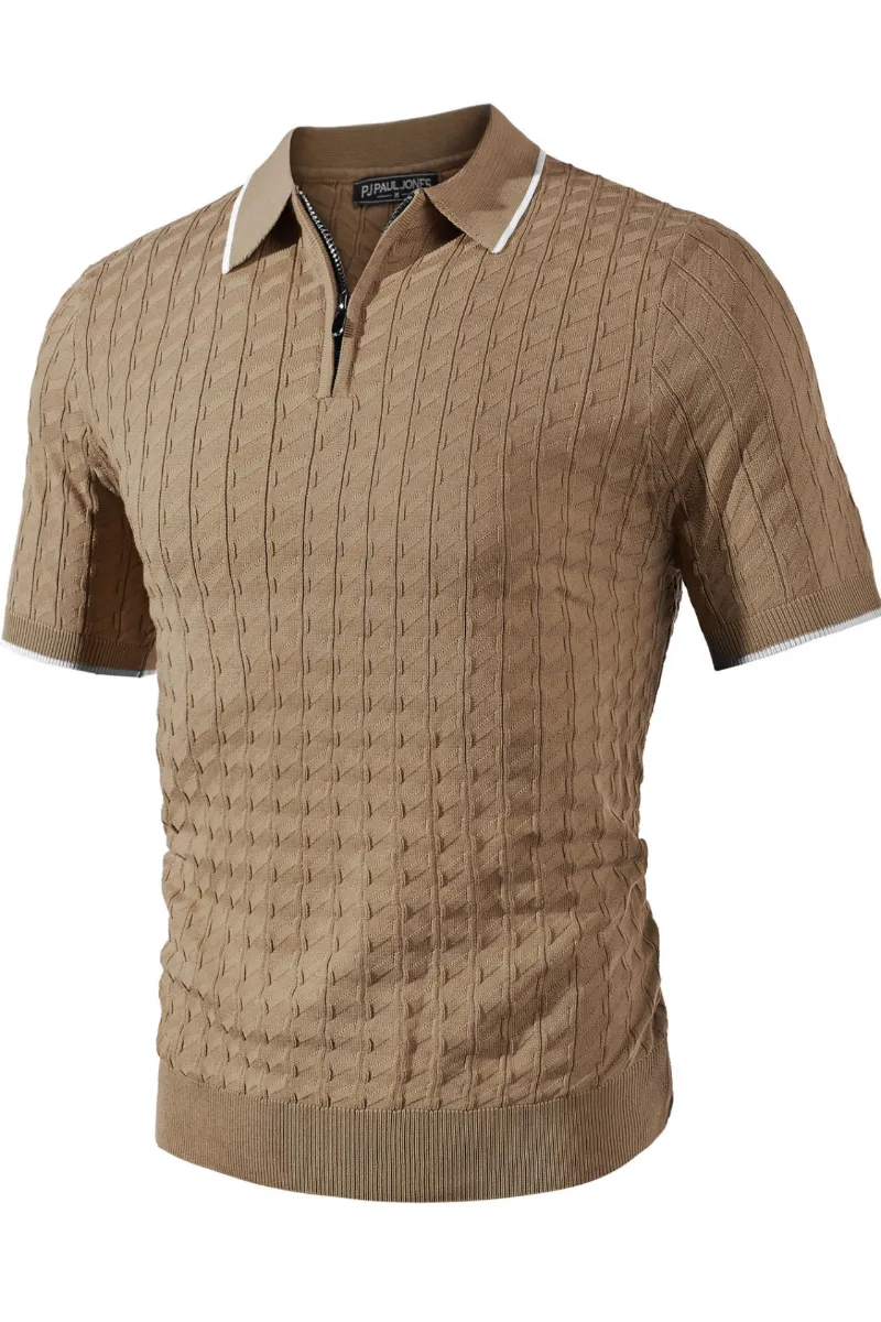 Men Stylish Lapel Collar Knitwear Short Sleeve Zip-up Neck Knitted Shirts