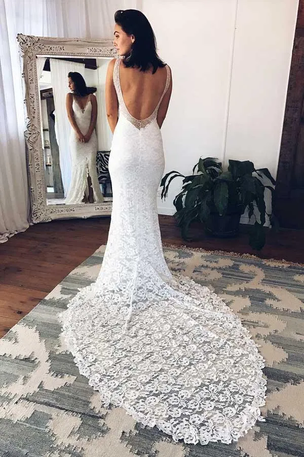 Mermaid Deep V-Neck Court Train Split White Lace Wedding Dress WD146