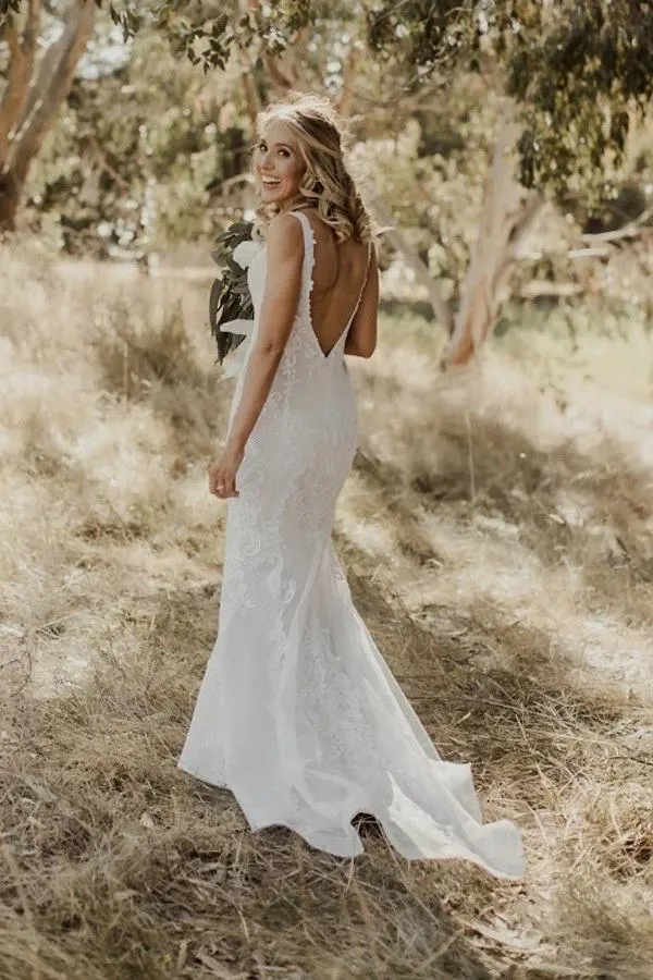 Mermaid Lace Beach Wedding Dress, Boho Backless Long Wedding Gown UQ2595