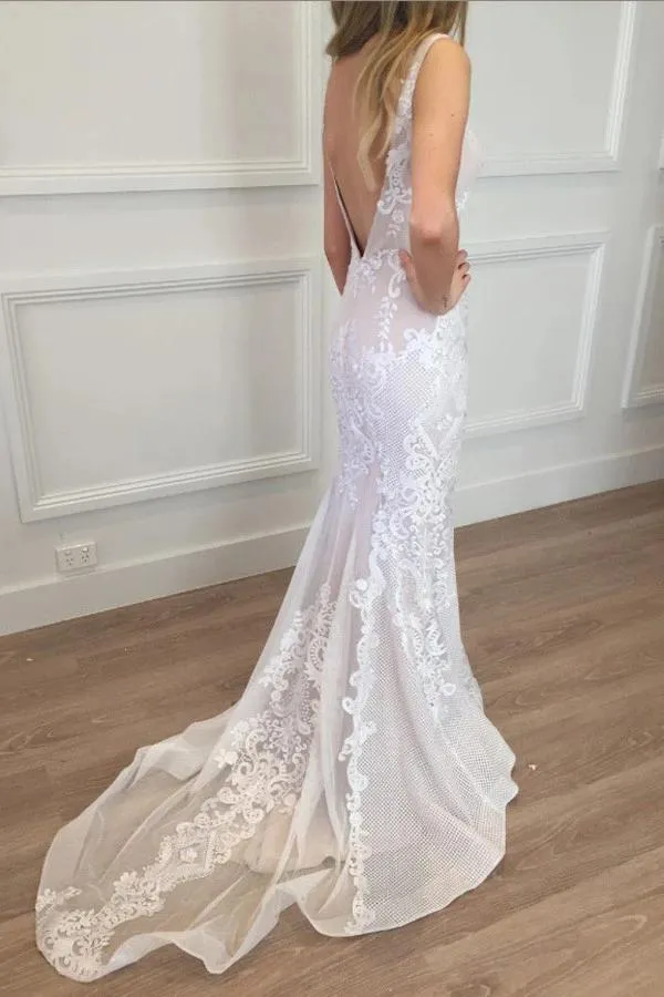 Mermaid Lace Beach Wedding Dress, Boho Backless Long Wedding Gown UQ2595