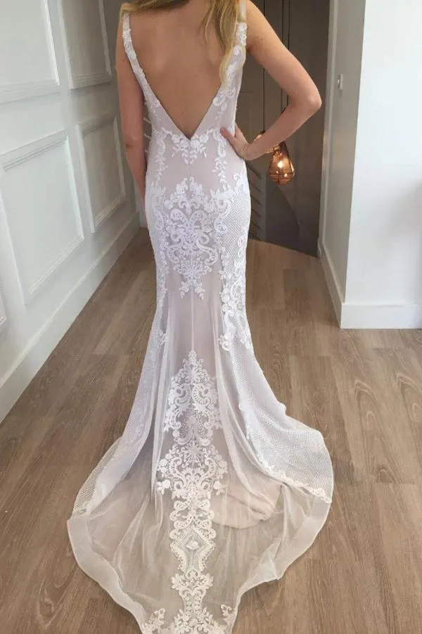 Mermaid Lace Beach Wedding Dress, Boho Backless Long Wedding Gown UQ2595