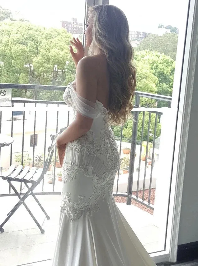 Mermaid Long Off Shoulder Backless Lace Appliques Wedding Dress with Pearls