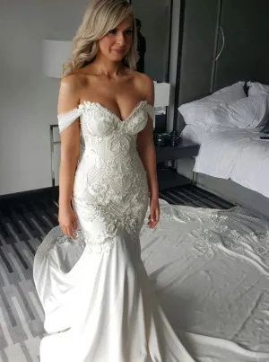 Mermaid Long Off Shoulder Backless Lace Appliques Wedding Dress with Pearls