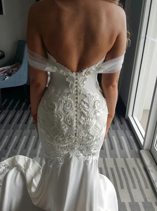 Mermaid Long Off Shoulder Backless Lace Appliques Wedding Dress with Pearls