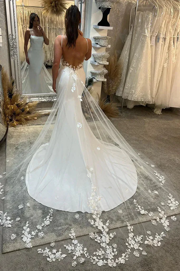 Mermaid Satin Spaghetti Straps Beach Wedding Dress With Lace, Long Bridal Gown UQW0093