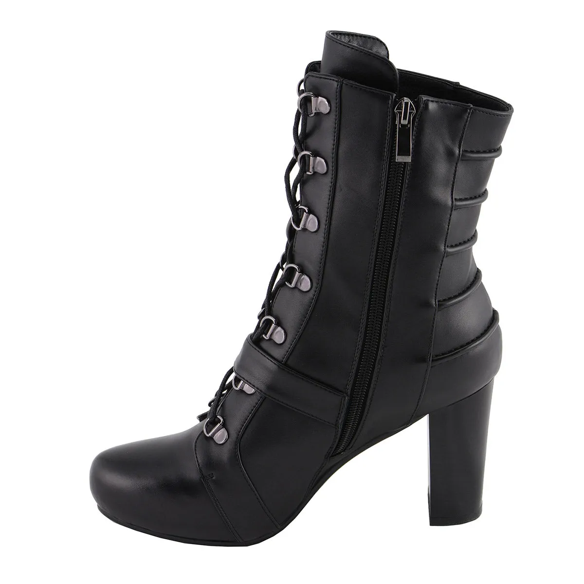 Milwaukee Leather MBL9431 Women's Black Lace-Up Fashion Boots with Block Heel and Buckle Strap