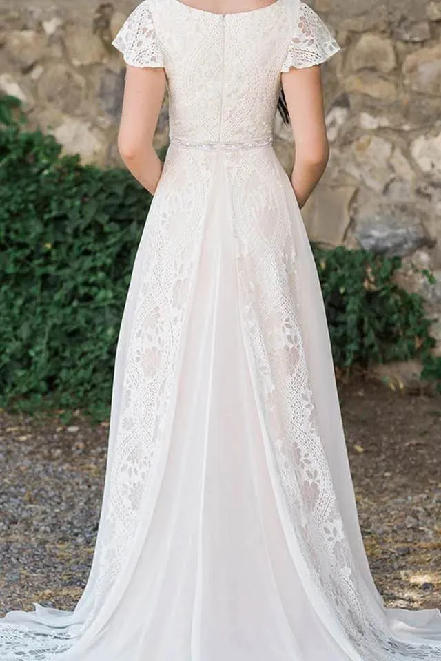 Modest Court Train Cap Sleeves Chiffon Wedding Dresses