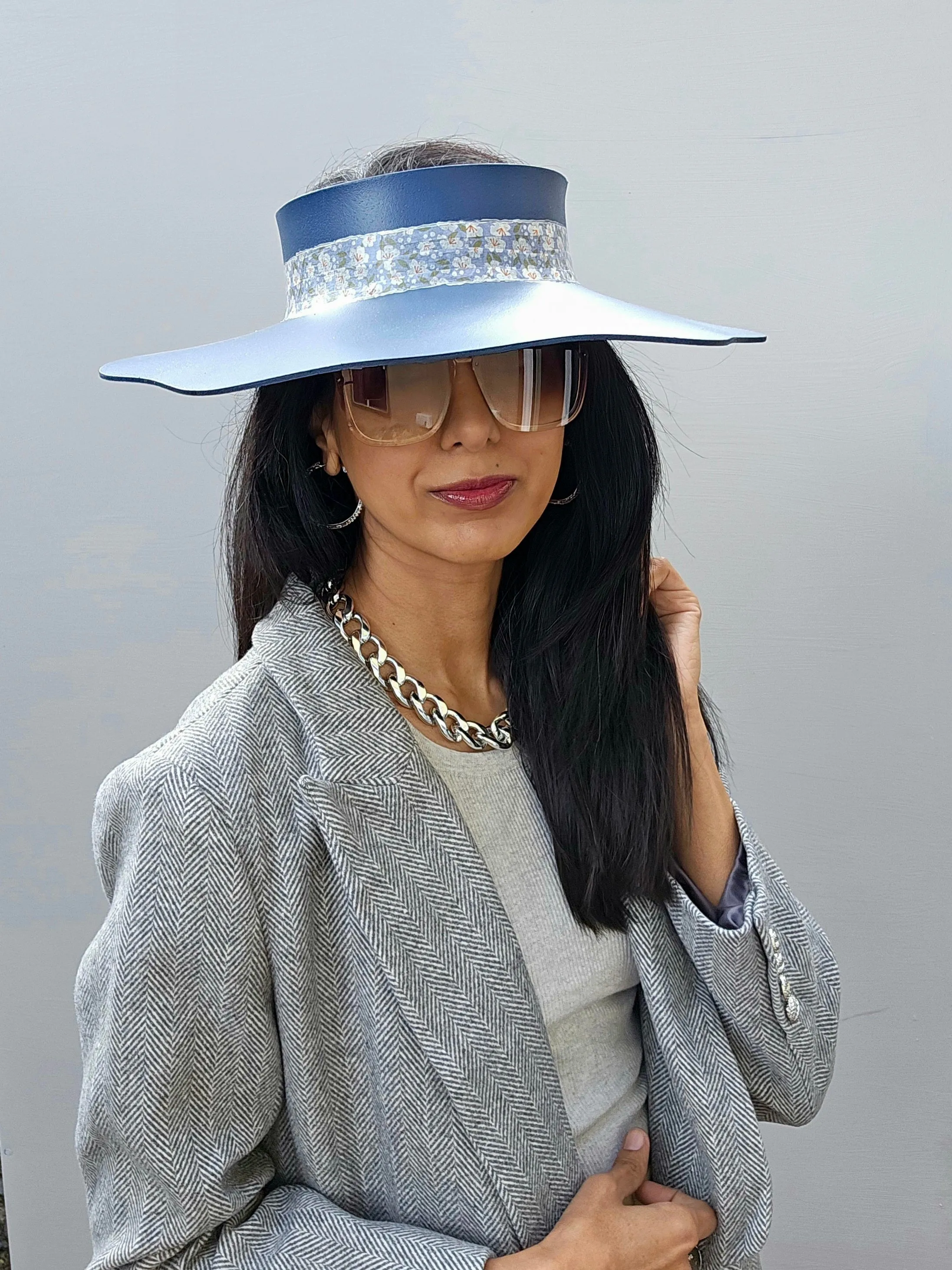 Navy Blue Lotus Visor Hat with Floral Band