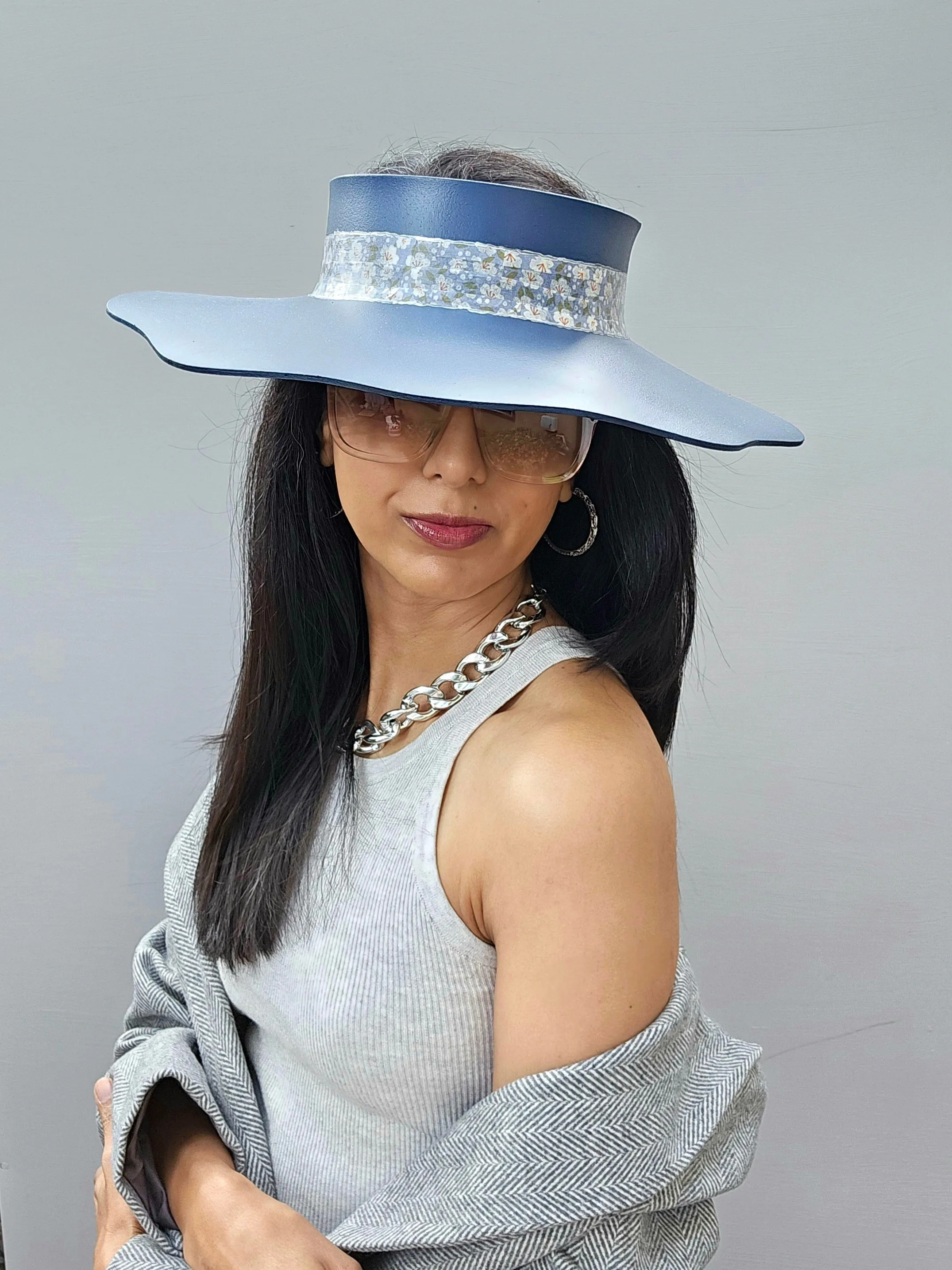 Navy Blue Lotus Visor Hat with Floral Band