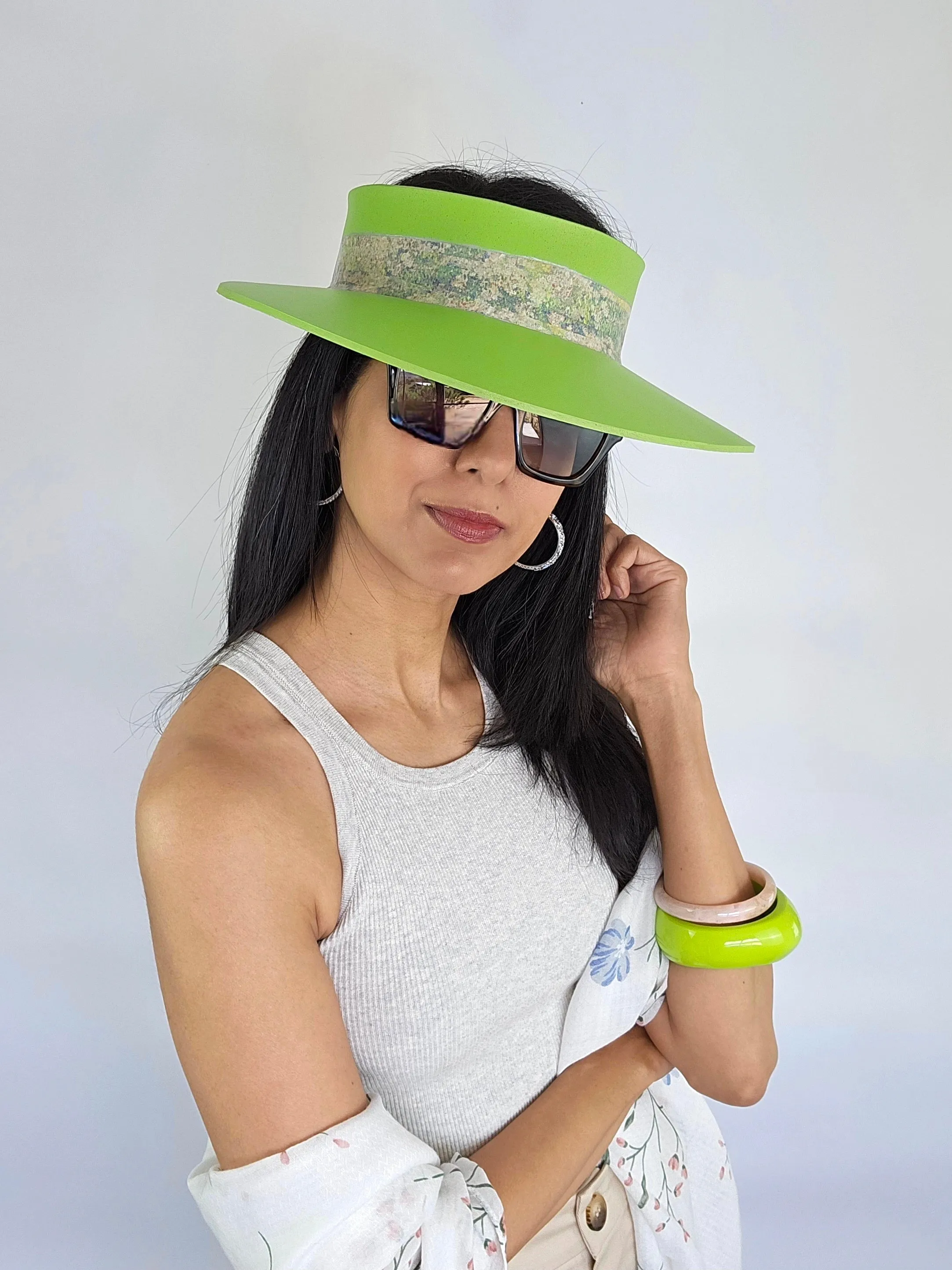 Neon Green "LadyEVA" Visor Hat with Pastel Monet Style Band