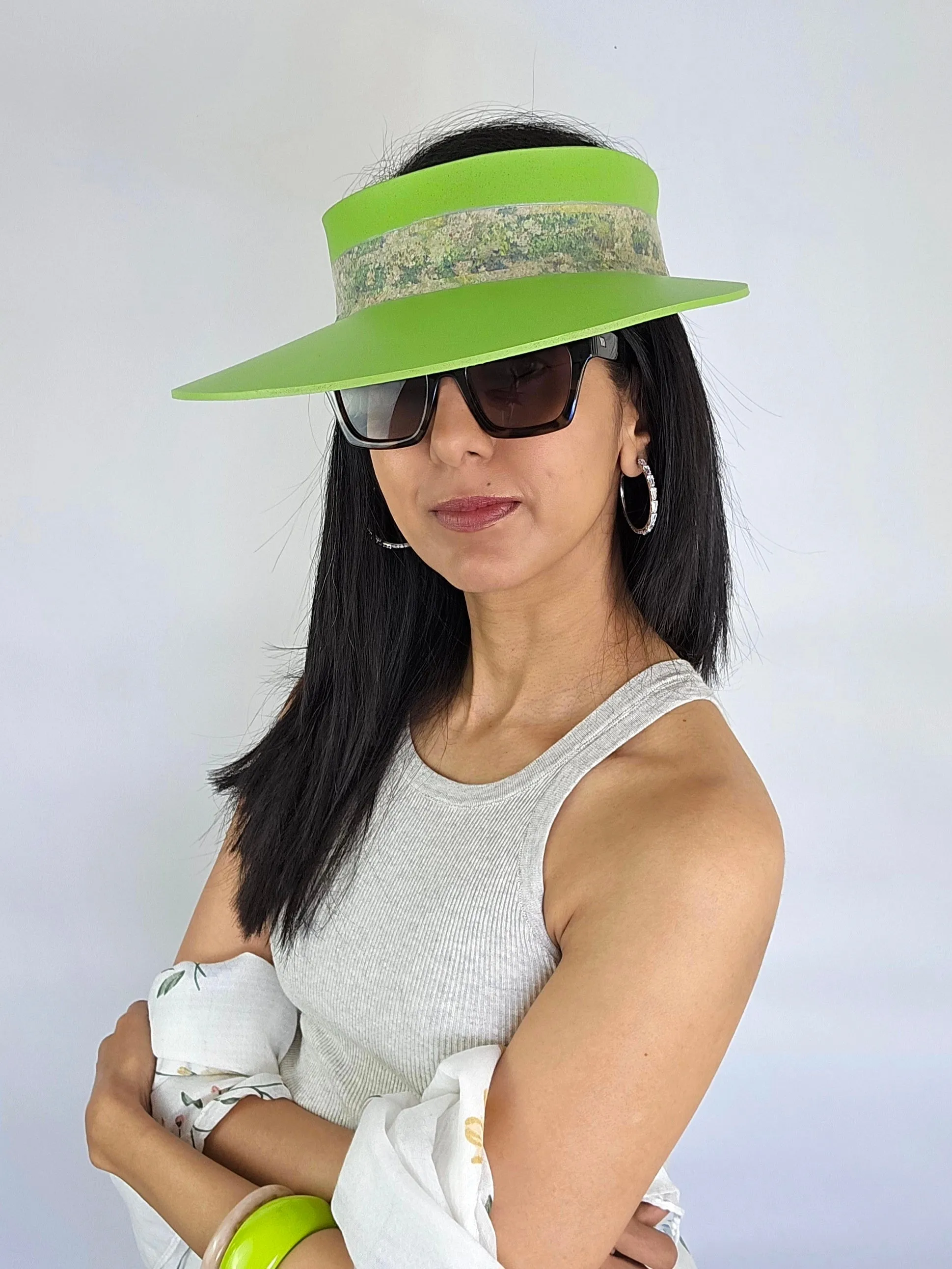 Neon Green "LadyEVA" Visor Hat with Pastel Monet Style Band