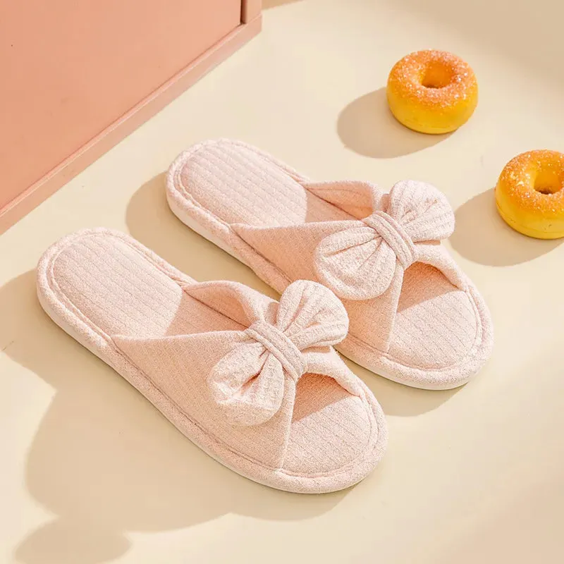 New ins bow knitted cotton home slippers cute teenage open toe couple sandals women yellow