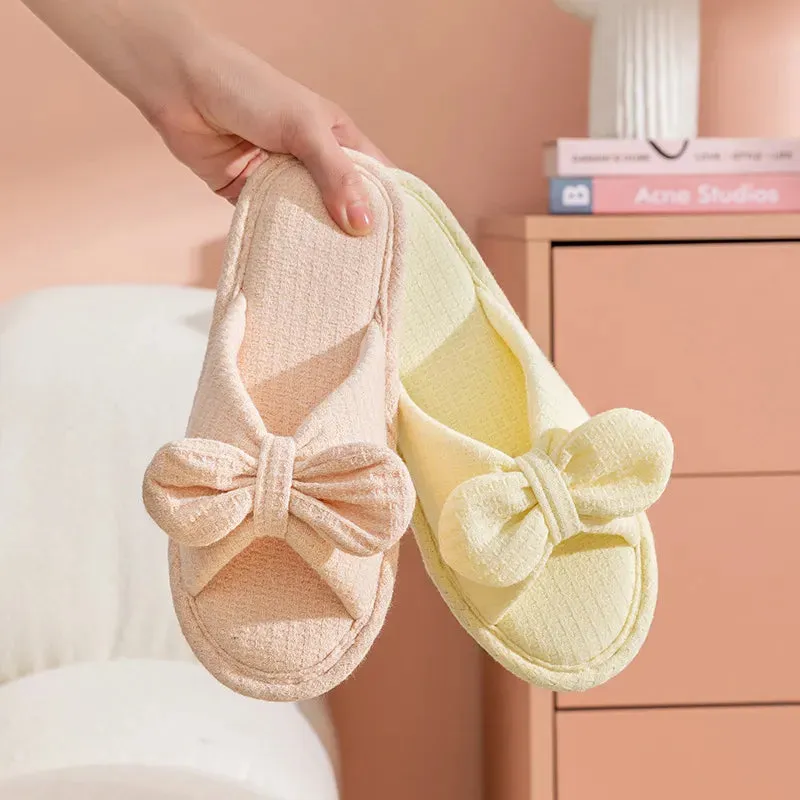 New ins bow knitted cotton home slippers cute teenage open toe couple sandals women yellow