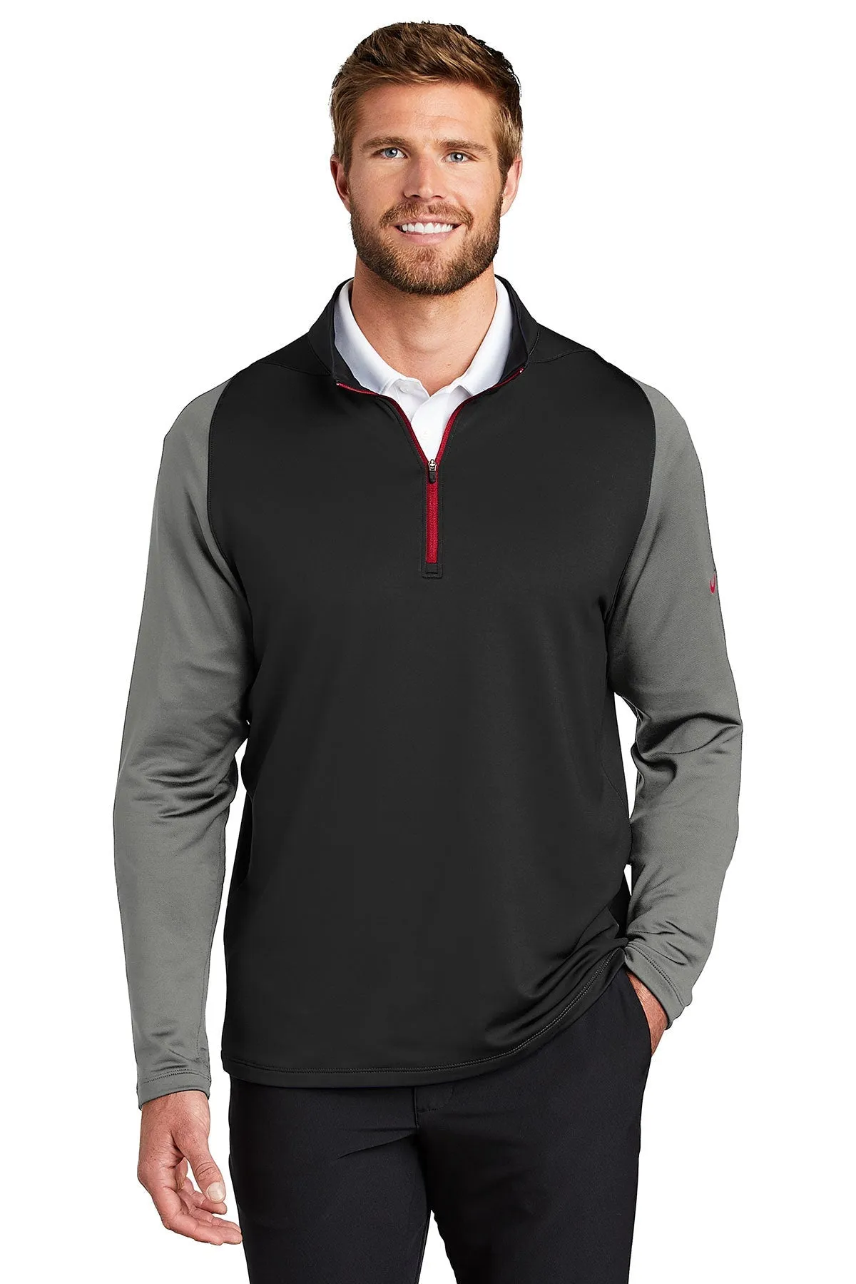 Nike Dri-FIT Stretch Custom Quarter Zip Cover-Ups, Black/ Dark Grey/ Gym Red