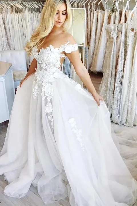 Off Shoulder Lace Appliques Tulle Wedding Dresses A Line Long Bridal Dresses OW692