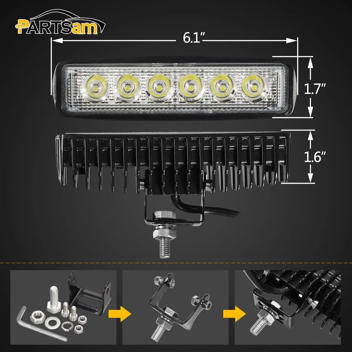 Partsam 6" LED Light Bar White 36W 6500K Super Bright Spot Work Light Pods Single Row Off Road Driving Light Fog Light Boat Light Waterproof SUV ATV 4WD Car Truck Golf Cart 12V 24V IP67 (2pcs)