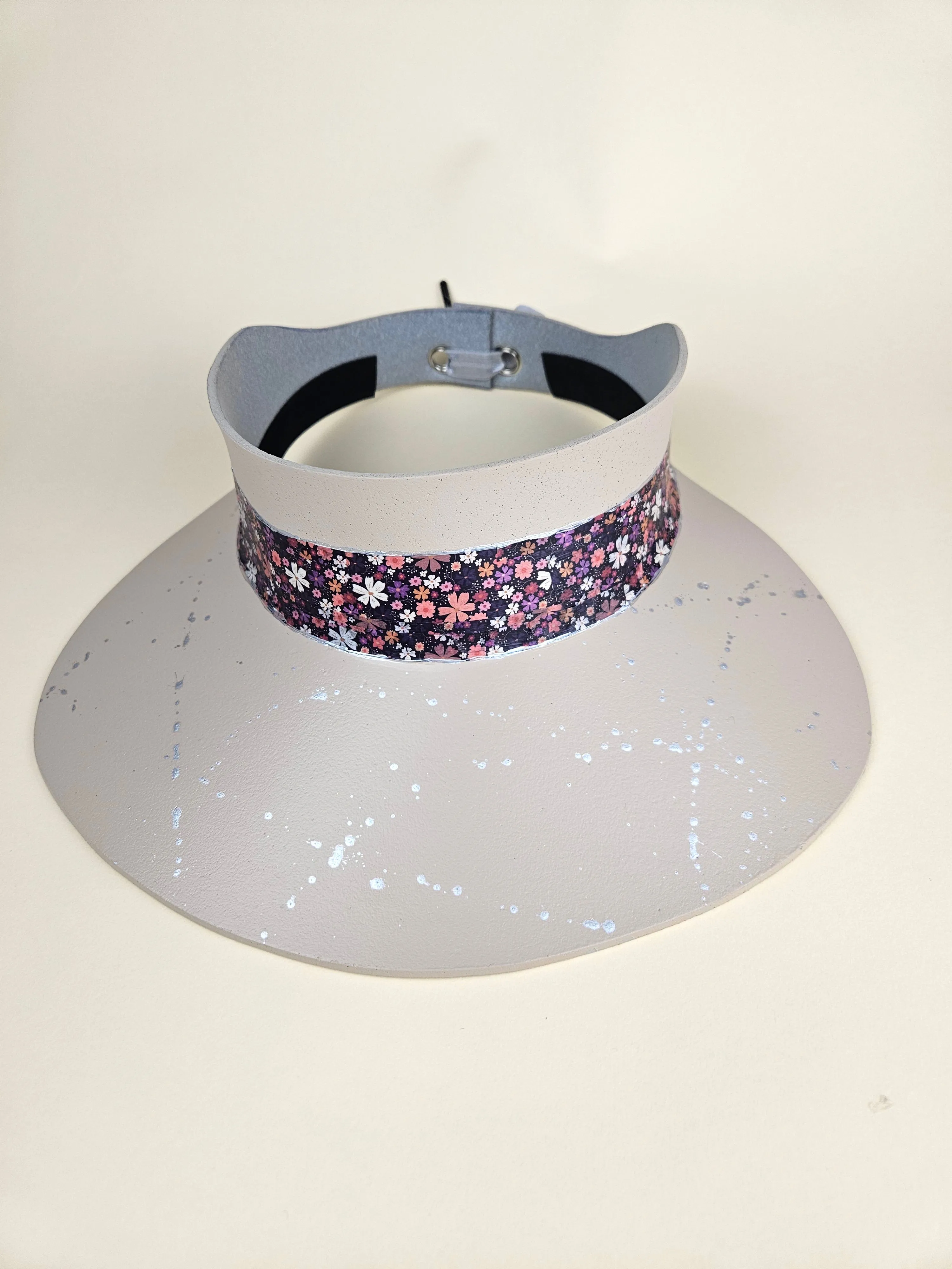 Peach Gray "LadyEVA" Visor Hat with Multicolor Pinks and Purple Floral Band and Silver Paint Splatter Effect